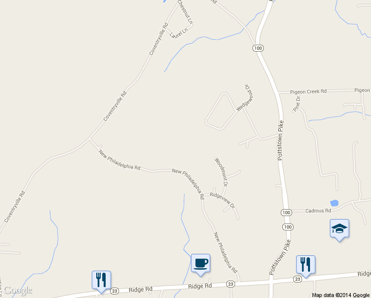 map of restaurants, bars, coffee shops, grocery stores, and more near 1247 New Philadelphia Road in Pottstown