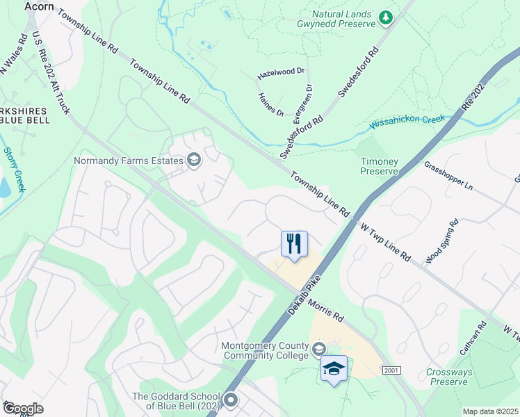 map of restaurants, bars, coffee shops, grocery stores, and more near 101 Windermere Drive in Blue Bell