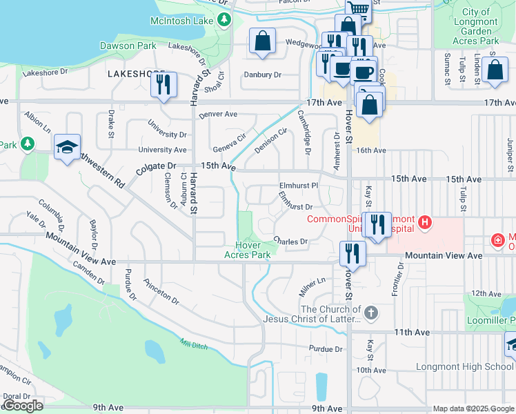 map of restaurants, bars, coffee shops, grocery stores, and more near 2615 Elmhurst Circle in Longmont