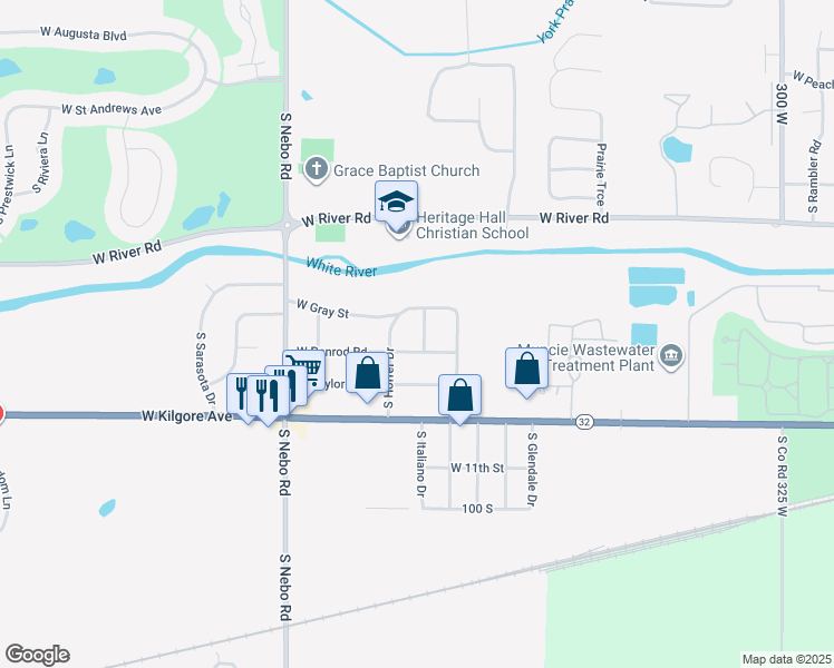 map of restaurants, bars, coffee shops, grocery stores, and more near 1017 South Italiano Drive in Muncie