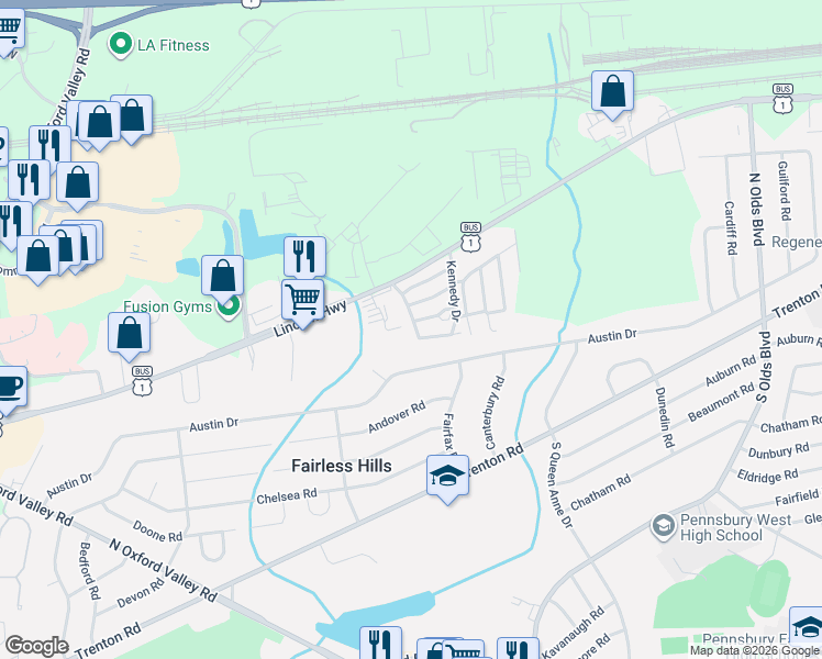 map of restaurants, bars, coffee shops, grocery stores, and more near 15 Kennedy Drive in Fairless Hills