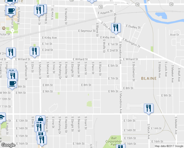 map of restaurants, bars, coffee shops, grocery stores, and more near 1225 East 6th Street in Muncie