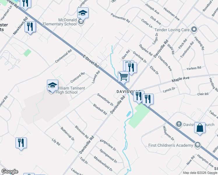 map of restaurants, bars, coffee shops, grocery stores, and more near 561 Walter Road in Warminster