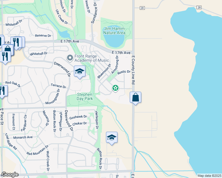 map of restaurants, bars, coffee shops, grocery stores, and more near 1290 Armstrong Drive in Longmont