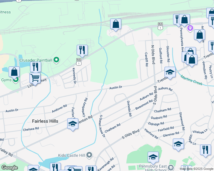 map of restaurants, bars, coffee shops, grocery stores, and more near 601 Austin Dr in Fairless Hills