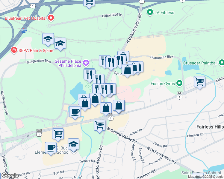map of restaurants, bars, coffee shops, grocery stores, and more near 380 Oxford Valley Road in Langhorne