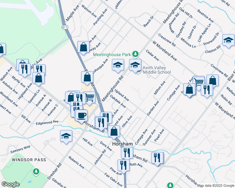 map of restaurants, bars, coffee shops, grocery stores, and more near 249 Upland Avenue in Horsham
