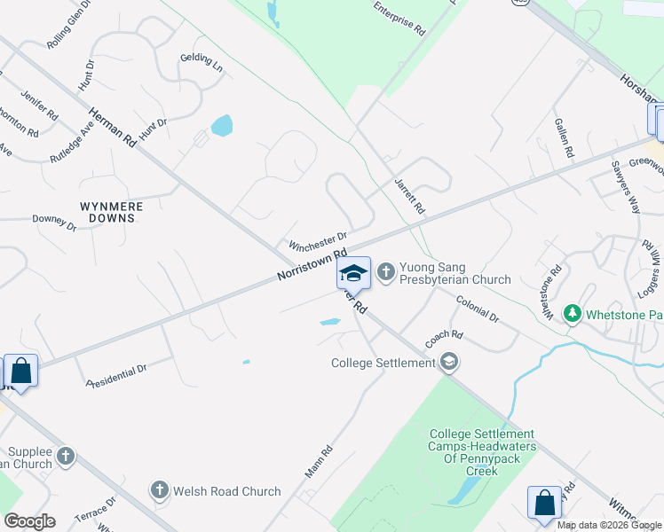 map of restaurants, bars, coffee shops, grocery stores, and more near 601 Norristown Road in Horsham