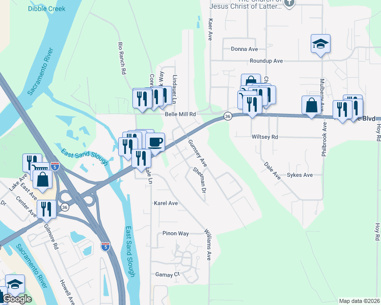 map of restaurants, bars, coffee shops, grocery stores, and more near 322 Breese Avenue in Red Bluff