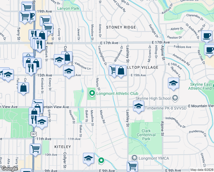 map of restaurants, bars, coffee shops, grocery stores, and more near 32 Nome Court in Longmont