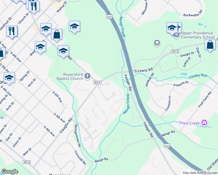 map of restaurants, bars, coffee shops, grocery stores, and more near 85 Orchard Court in Royersford