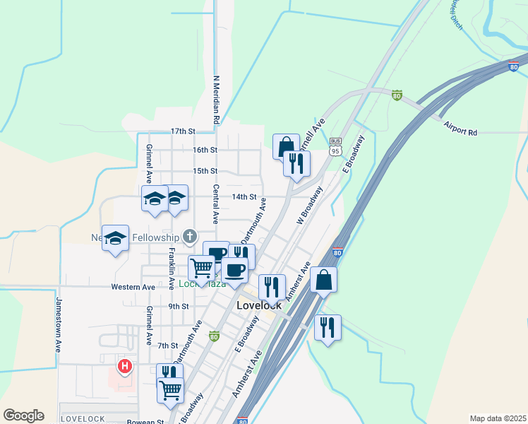 map of restaurants, bars, coffee shops, grocery stores, and more near 1340 Dartmouth Avenue in Lovelock