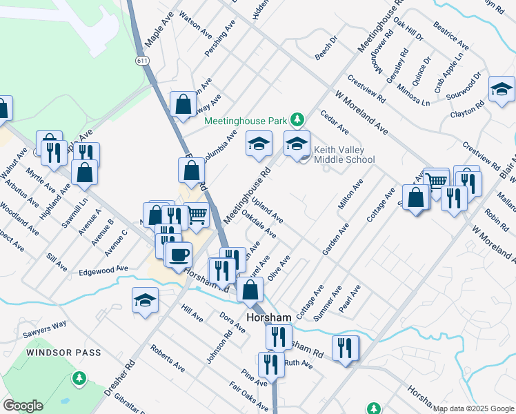 map of restaurants, bars, coffee shops, grocery stores, and more near 249 Upland Avenue in Horsham