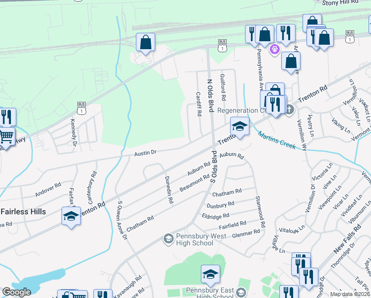 map of restaurants, bars, coffee shops, grocery stores, and more near 678 Austin Drive in Fairless Hills