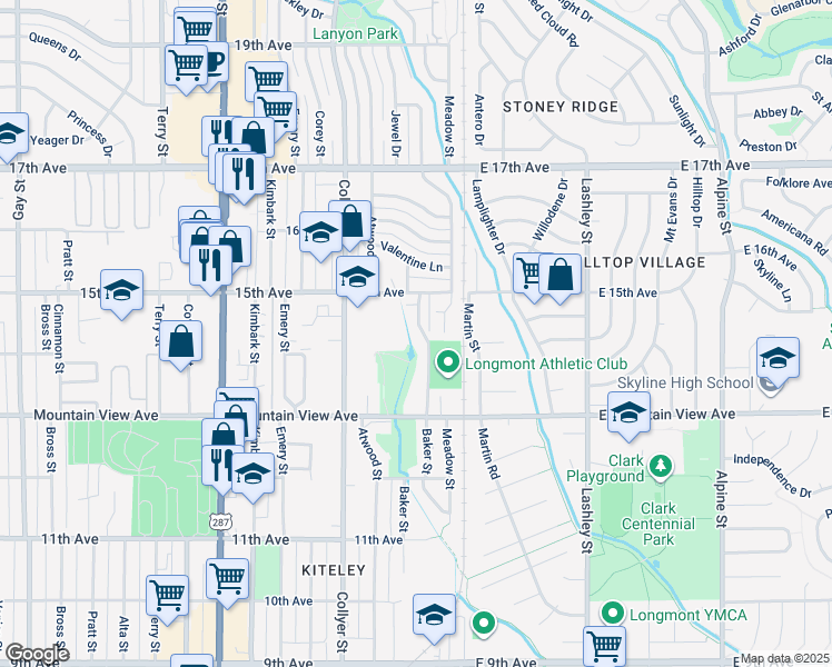 map of restaurants, bars, coffee shops, grocery stores, and more near 1413 Centennial Drive in Longmont