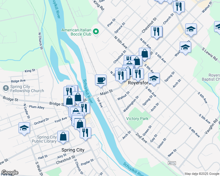 map of restaurants, bars, coffee shops, grocery stores, and more near 13 2nd Avenue in Royersford