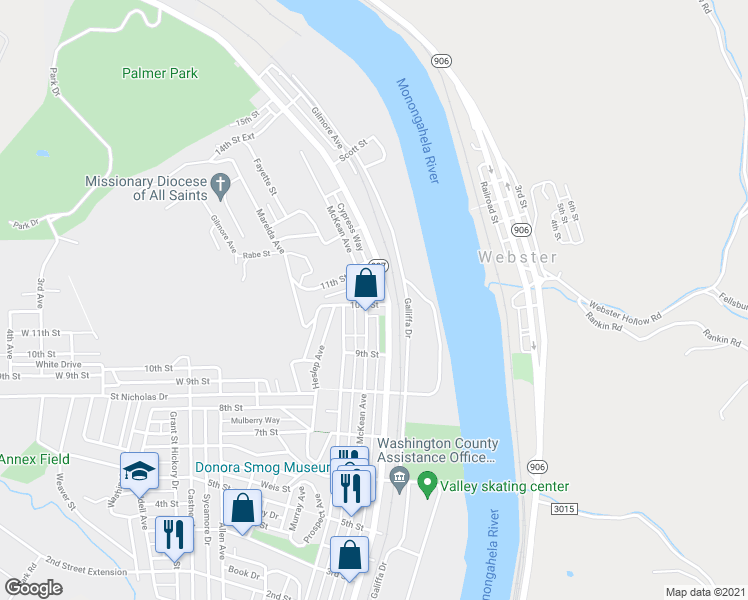 map of restaurants, bars, coffee shops, grocery stores, and more near 115 10th Street in Donora
