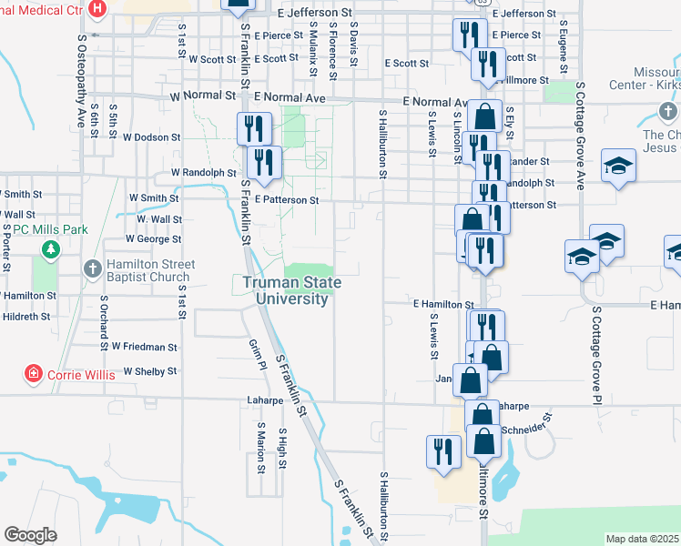 map of restaurants, bars, coffee shops, grocery stores, and more near East Link Street in Kirksville