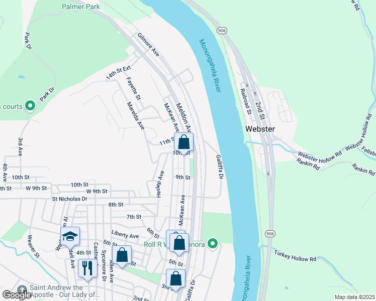map of restaurants, bars, coffee shops, grocery stores, and more near 116 10th Street in Donora