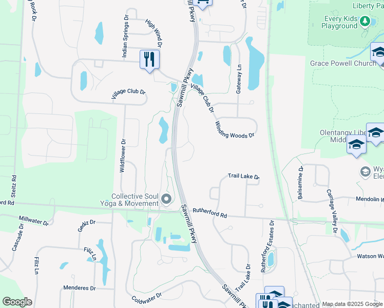 map of restaurants, bars, coffee shops, grocery stores, and more near 8123 Hillingdon Drive in Powell