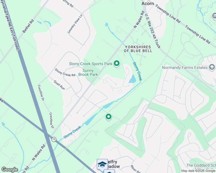 map of restaurants, bars, coffee shops, grocery stores, and more near 586 Hidden Lair Drive in Blue Bell