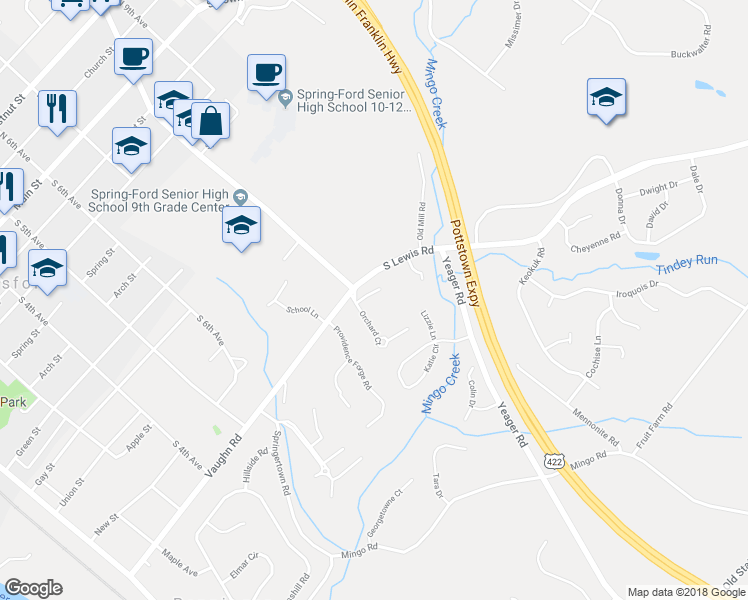 map of restaurants, bars, coffee shops, grocery stores, and more near 78 Orchard Court in Royersford