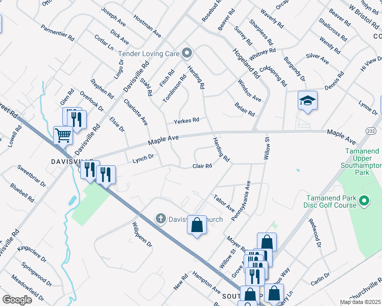 map of restaurants, bars, coffee shops, grocery stores, and more near 920 Circle Drive in Southampton