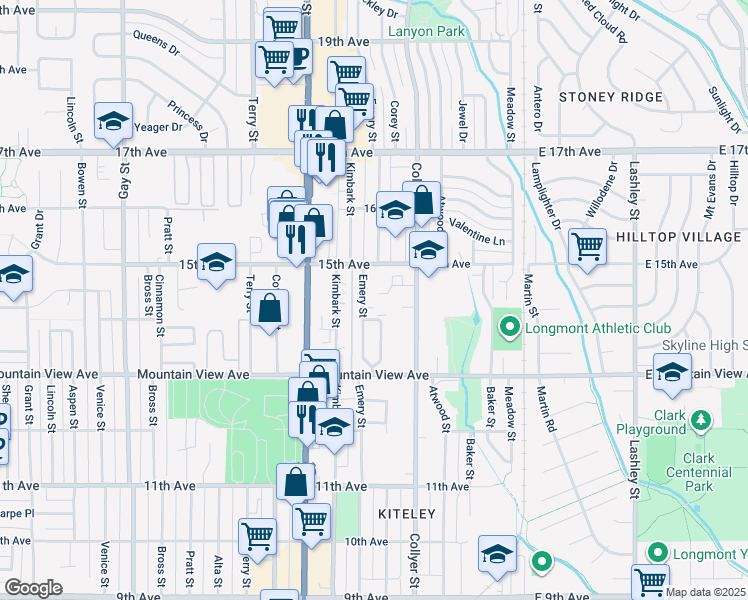 map of restaurants, bars, coffee shops, grocery stores, and more near 1418 Emery Court in Longmont