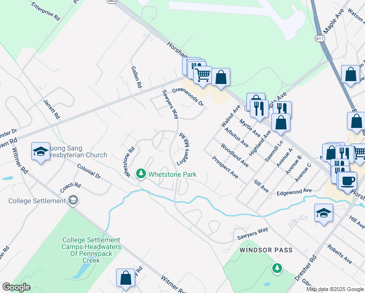 map of restaurants, bars, coffee shops, grocery stores, and more near 6 Lumber Jack Circle in Horsham
