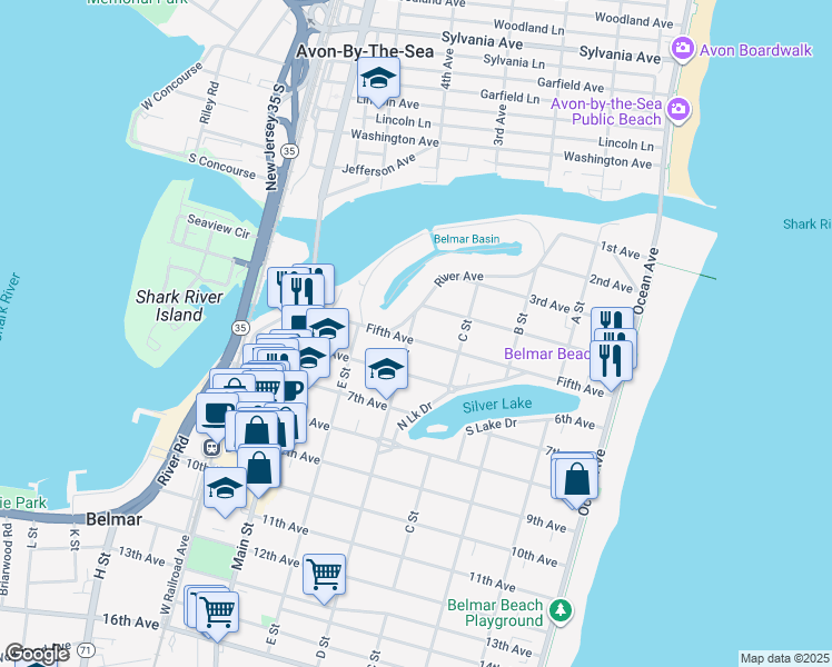 map of restaurants, bars, coffee shops, grocery stores, and more near 410 5th Avenue in Belmar