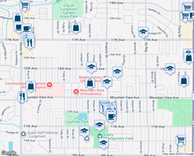 map of restaurants, bars, coffee shops, grocery stores, and more near 1500 14th Avenue in Longmont