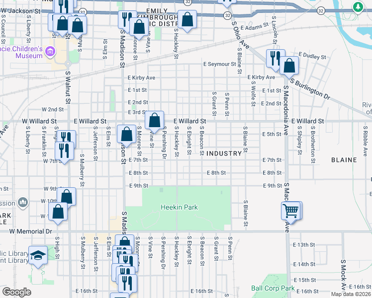 map of restaurants, bars, coffee shops, grocery stores, and more near 1310 South Hackley Street in Muncie