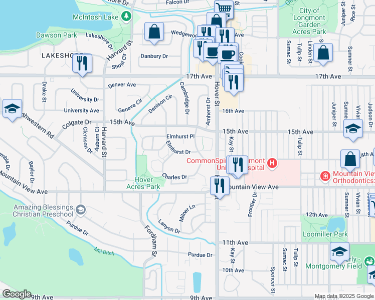 map of restaurants, bars, coffee shops, grocery stores, and more near 1408 Elmhurst Drive in Longmont