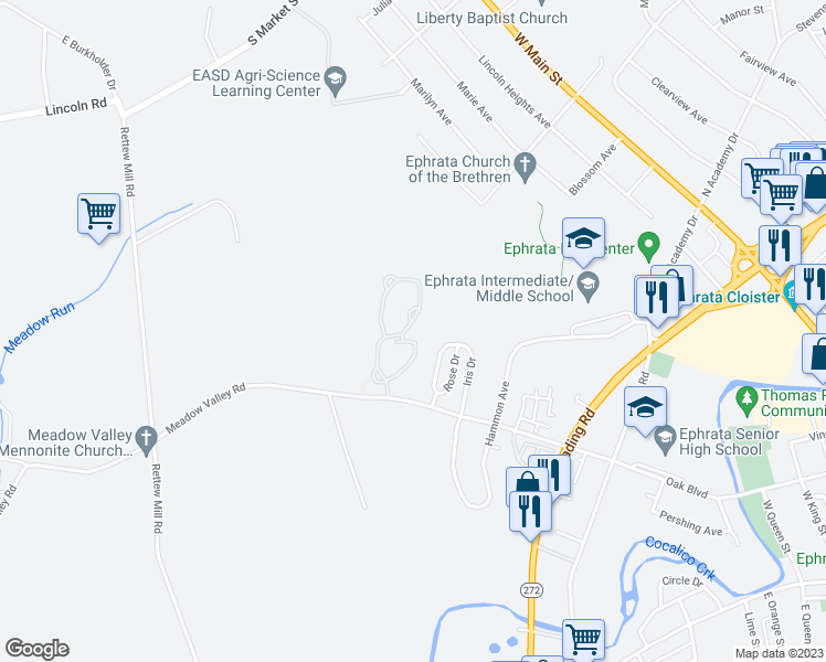 map of restaurants, bars, coffee shops, grocery stores, and more near 160 Fieldcrest Lane in Ephrata