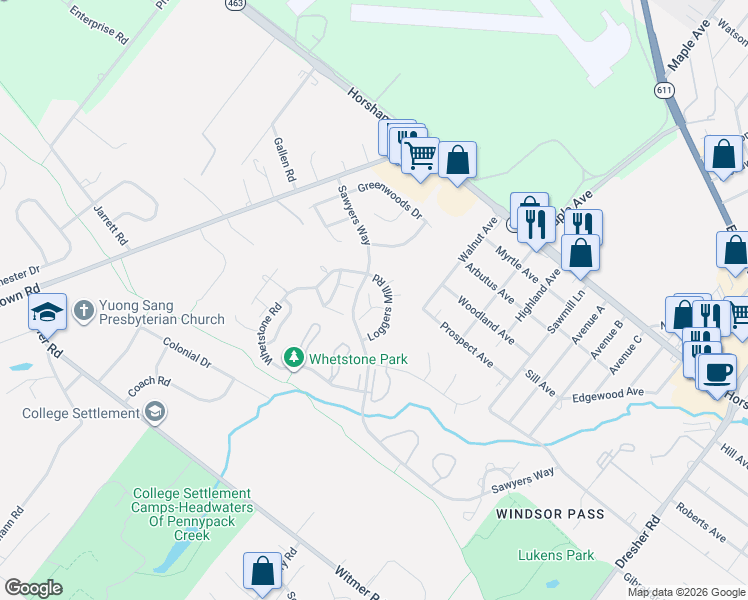 map of restaurants, bars, coffee shops, grocery stores, and more near in Horsham