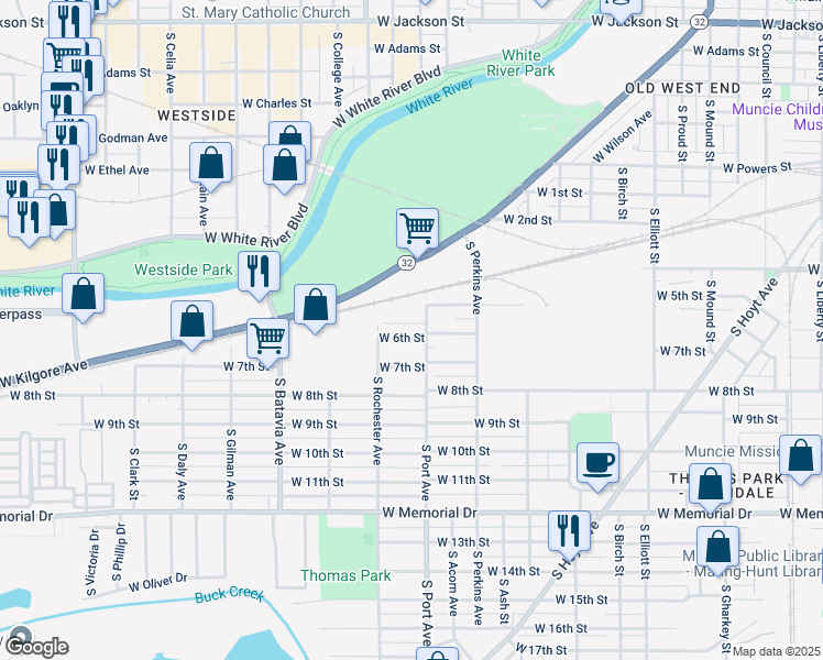map of restaurants, bars, coffee shops, grocery stores, and more near 1714 West 6th Street in Muncie