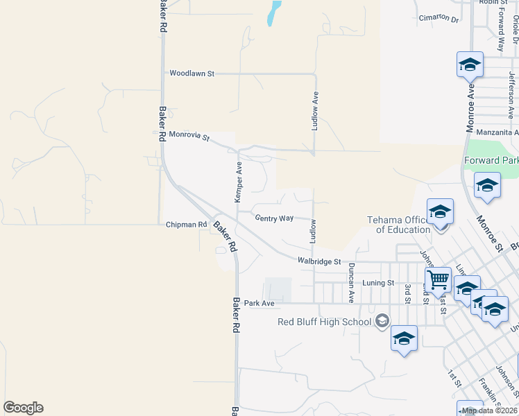 map of restaurants, bars, coffee shops, grocery stores, and more near 2157 Reta Way in Red Bluff