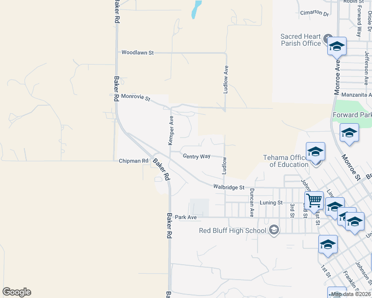 map of restaurants, bars, coffee shops, grocery stores, and more near 2150 Gentry Way in Red Bluff