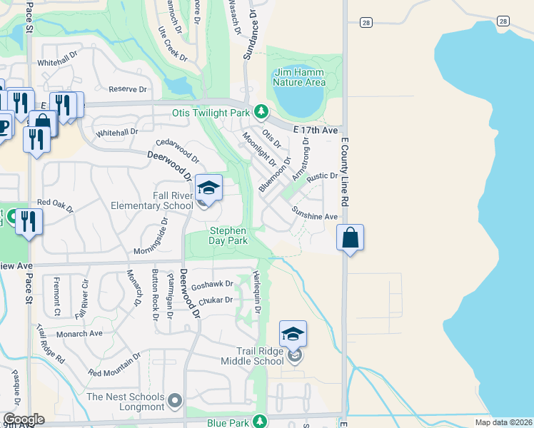 map of restaurants, bars, coffee shops, grocery stores, and more near 1360 Armstrong Drive in Longmont