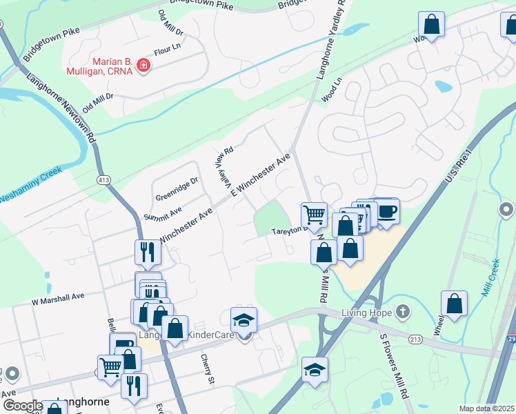 map of restaurants, bars, coffee shops, grocery stores, and more near 164 Kenton Drive in Langhorne