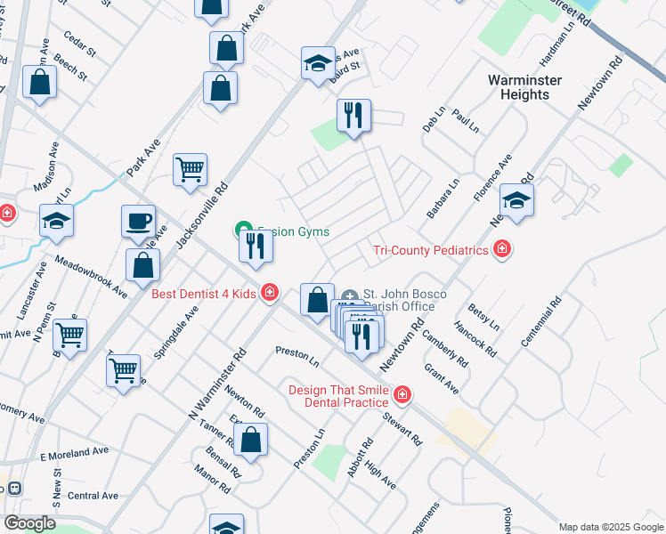 map of restaurants, bars, coffee shops, grocery stores, and more near 20-34 Knight Street in Warminster