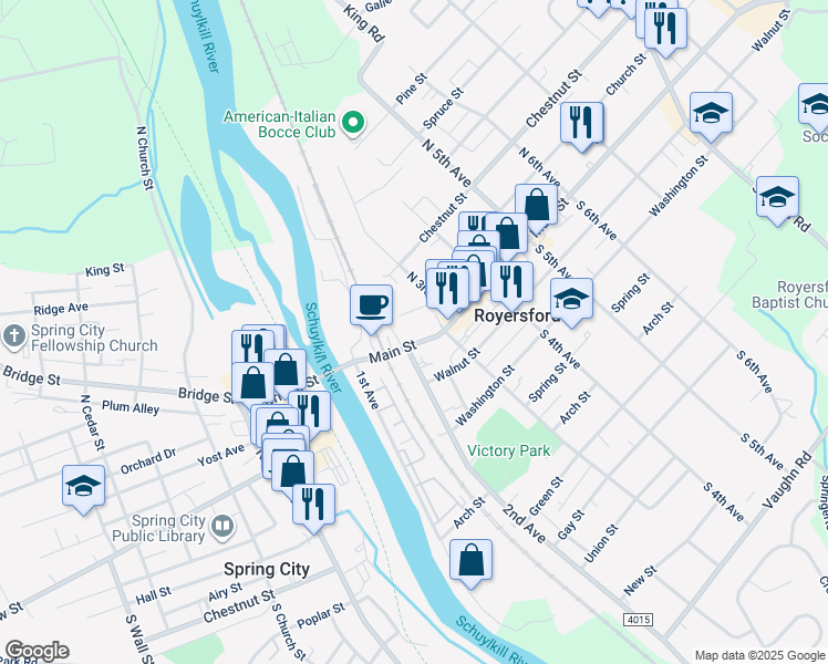 map of restaurants, bars, coffee shops, grocery stores, and more near 217 Main Street in Royersford