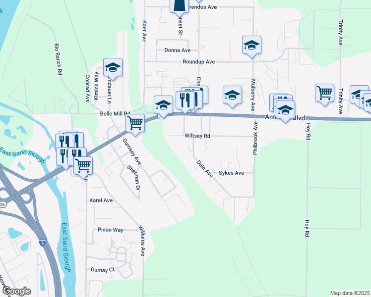 map of restaurants, bars, coffee shops, grocery stores, and more near 96 Dale Avenue in Red Bluff
