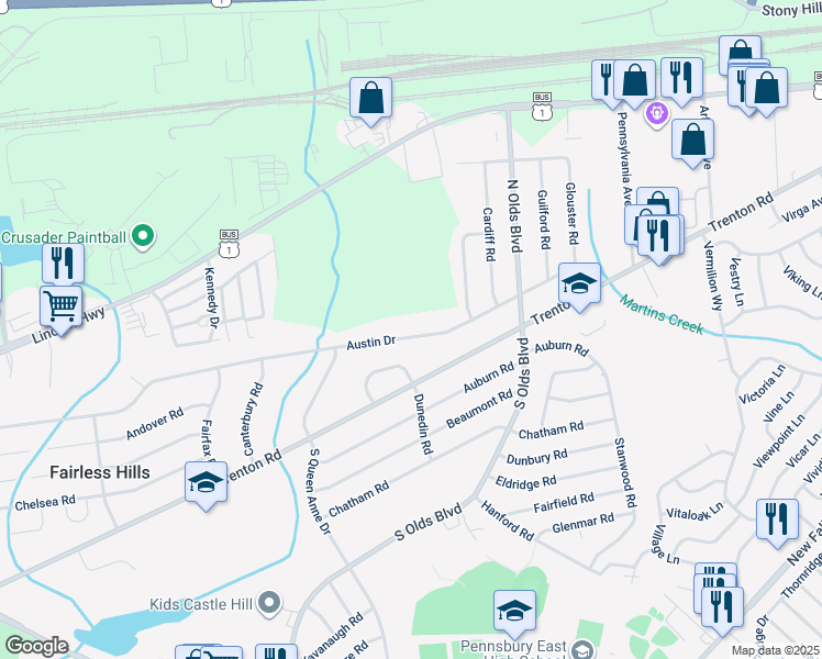 map of restaurants, bars, coffee shops, grocery stores, and more near 649 Austin Drive in Fairless Hills