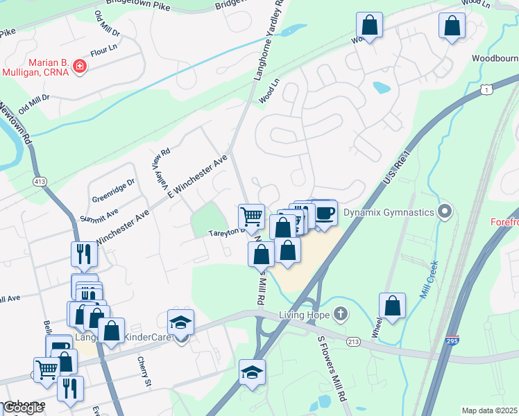 map of restaurants, bars, coffee shops, grocery stores, and more near 104 Saint James Drive in Langhorne