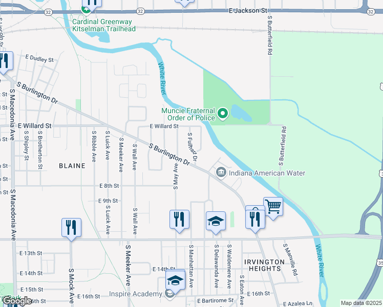 map of restaurants, bars, coffee shops, grocery stores, and more near 1334 South Burlington Drive in Muncie