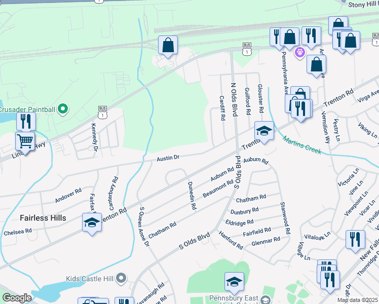 map of restaurants, bars, coffee shops, grocery stores, and more near 653 Austin Drive in Fairless Hills