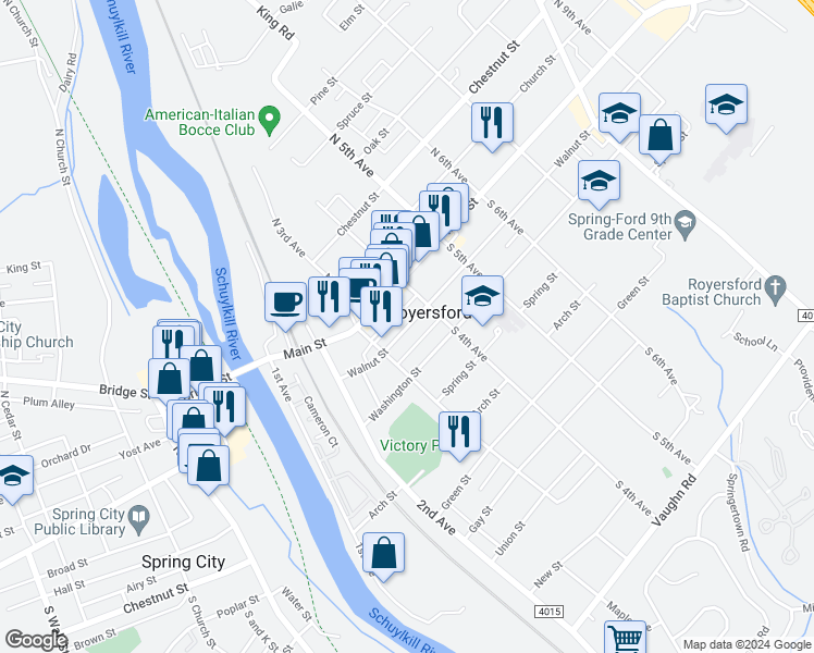 map of restaurants, bars, coffee shops, grocery stores, and more near 342 Walnut Street in Royersford