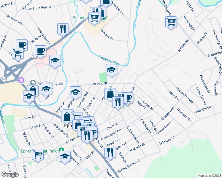 map of restaurants, bars, coffee shops, grocery stores, and more near 263 Church Avenue in Ephrata