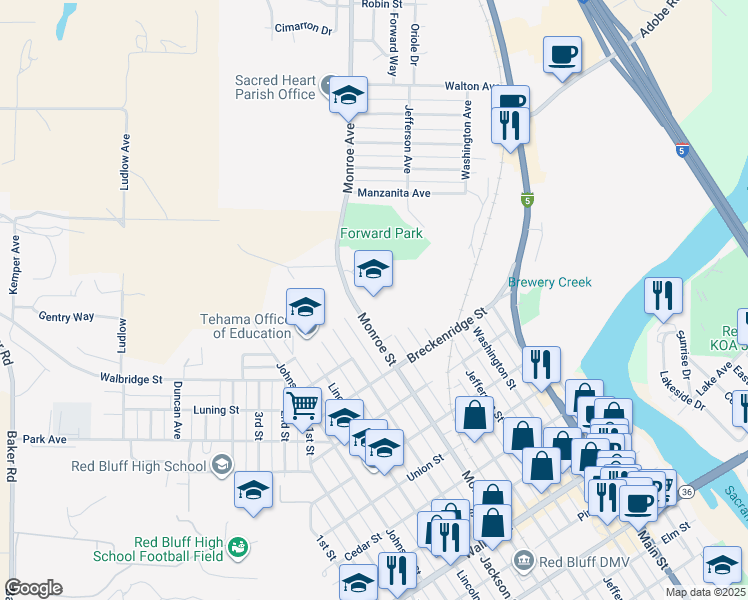 map of restaurants, bars, coffee shops, grocery stores, and more near 1660 Monroe Street in Red Bluff